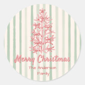 レトロレッドピンクの手描き弓ツリーのクリスマス ラウンドシール (正面)