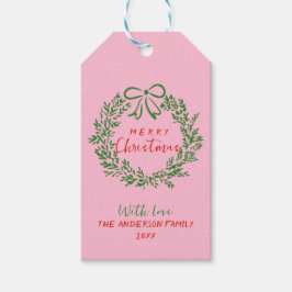 レトロレッドピンク手描きリボンリースクリスマス ギフトタグ
