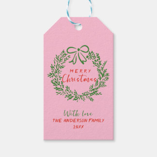 レトロレッドピンク手描きリボンリースクリスマス ギフトタグ