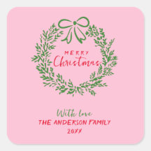 レトロレッドピンク手描きリボンリースクリスマス