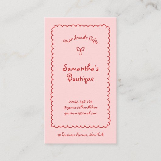 レトロレッドピンク手書きガーリーQRお洒落コード 名刺 (裏面)