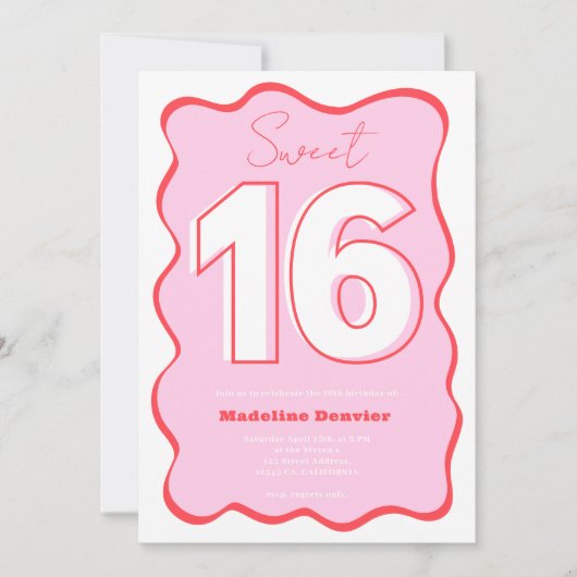 レトロレッドピンク波スクライグリーはっきりしたスウィート16 招待状 (正面)