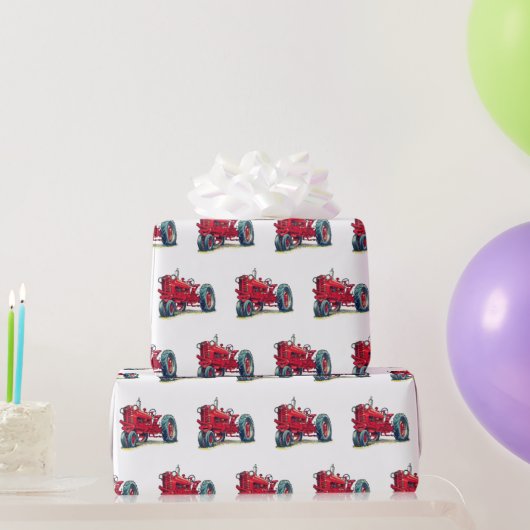 レトロレッドファームトラクターオンホワイト ラッピングペーパー (パーティーギフト)