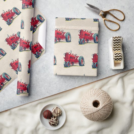 レトロレッドファームトラクター ラッピングペーパー (クラフト)