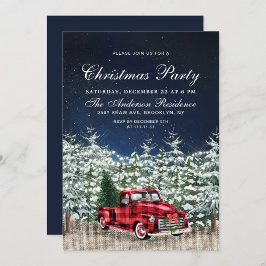 レトロレッドファームトラックウィンターフォレストクリスマスパーティー 招待状 (正面/裏面)