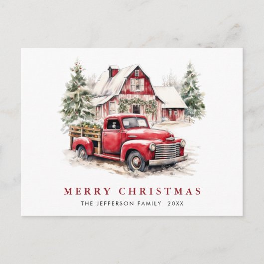 レトロレッドファームトラッククリスマスグリーティングホリデー ポストカード (正面)