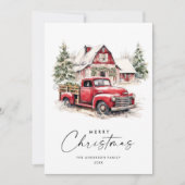 レトロレッドファームトラッククリスマスツリーグリーティング シーズンカード (正面)