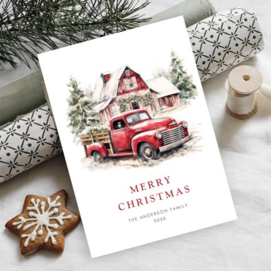 レトロレッドファームトラッククリスマスツリーグリーティング シーズンカード
