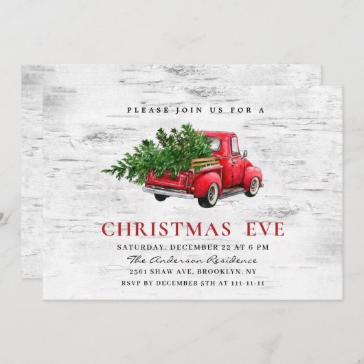レトロレッドファームトラック樺の木クリスマスホリデーイブ 招待状 (正面/裏面)