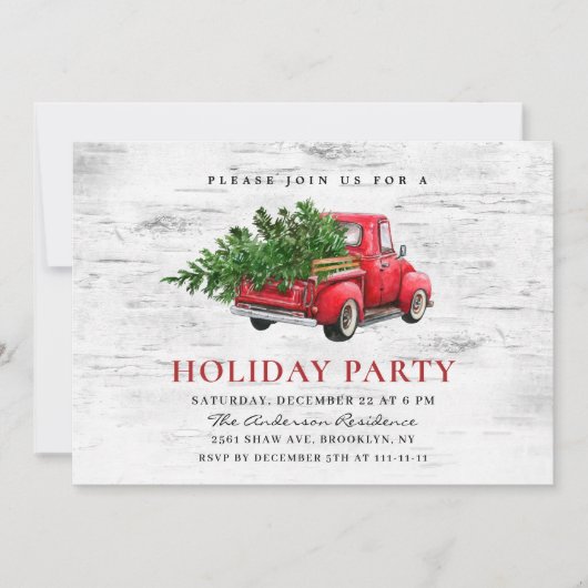 レトロレッドファームトラック樺の木クリスマスホリデーパーティー 招待状 (正面)