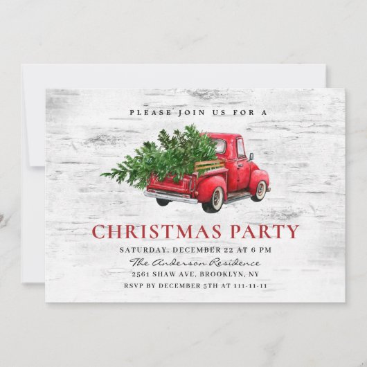 レトロレッドファームトラック樺の木バーククリスマスパーティー 招待状 (正面)