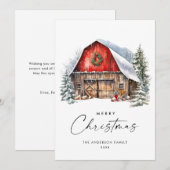 レトロレッドファームバーンクリスマスツリーグリーティング シーズンカード (正面/裏面)
