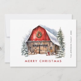 レトロレッドファームバーンクリスマスツリーグリーティング シーズンカード