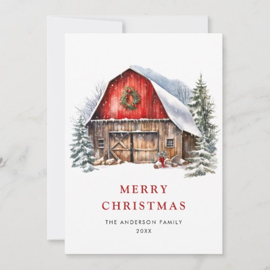 レトロレッドファームバーンクリスマスツリーグリーティング シーズンカード (正面)