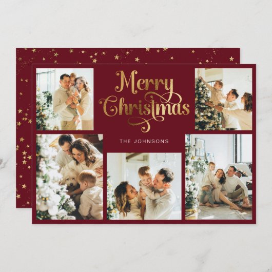 レトロレッドフェイク金ゴールドメリークリスマスファミリー写真 シーズンカード (正面/裏面)