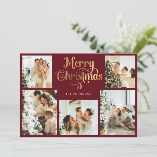 レトロレッドフェイク金ゴールドメリークリスマスファミリー写真 シーズンカード (スタンド正面)