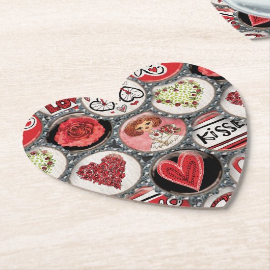 レトロレッドフローラハートトゥルラブバレンタインデー ペーパーコースター (アングル)