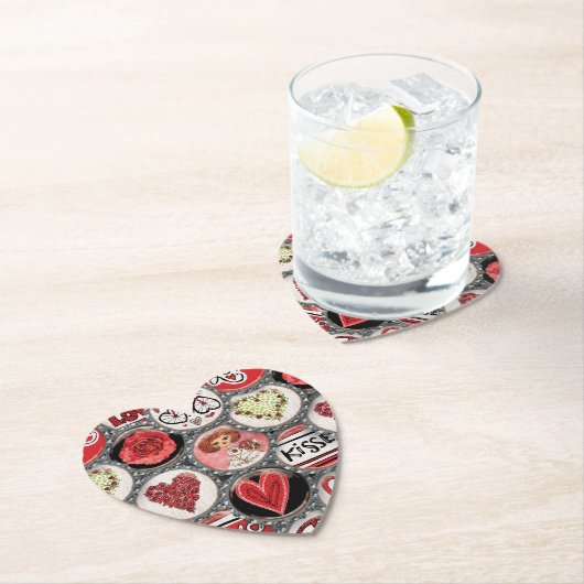 レトロレッドフローラハートトゥルラブバレンタインデー ペーパーコースター (インサイチュ)