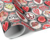 レトロレッドフローラハートバレンタインボトルキャップアート ラッピングペーパー (ロールコーナー)