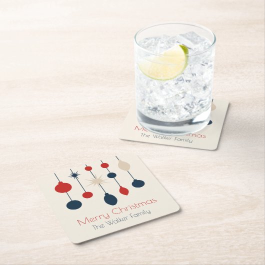レトロレッドブルーオーナメントクリスマスパーティー スクエアペーパーコースター (インサイチュ)