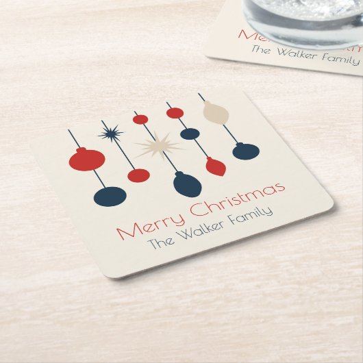 レトロレッドブルーオーナメントクリスマスパーティー スクエアペーパーコースター (アングル)