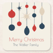 レトロレッドブルーオーナメントクリスマスパーティー スクエアペーパーコースター (正面)