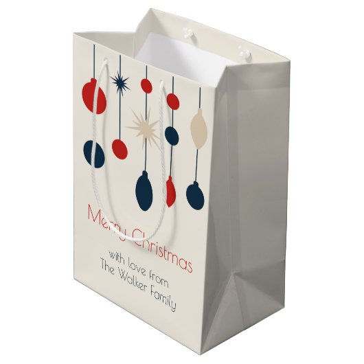 レトロレッドブルーオーナメントクリスマスパーティー ミディアムペーパーバッグ (裏面アングル)