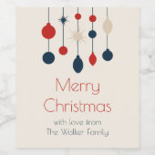 レトロレッドブルーオーナメントクリスマスパーティー ワインラベル (シングルラベル)