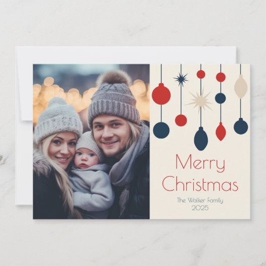 レトロレッドブルークリスマスオーナメント写真 シーズンカード (正面)