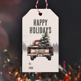 レトロレッドプレイドクリスマストラックカスタムの家族の名前 ギフトタグ