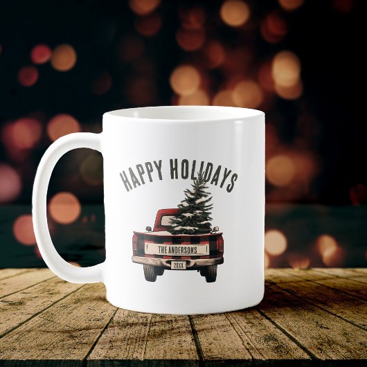 レトロレッドプレイドクリスマストラックカスタムの家族の名前 コーヒーマグカップ