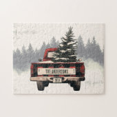 レトロレッドプレイドクリスマストラックカスタムの家族の名前 ジグソーパズル (横)