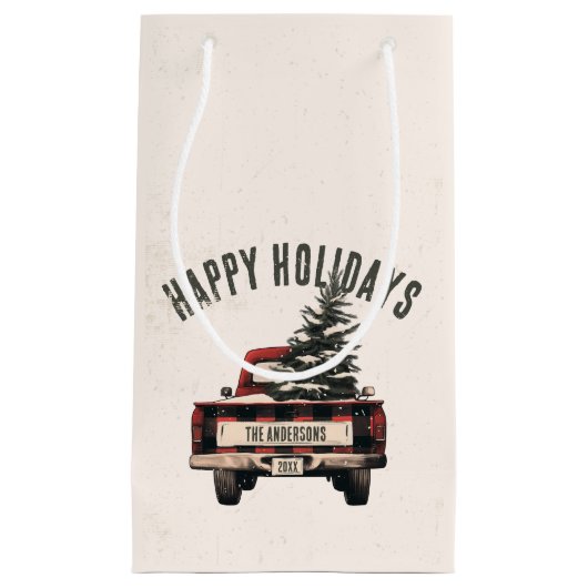 レトロレッドプレイドクリスマストラックカスタムの家族の名前 スモールペーパーバッグ (正面)