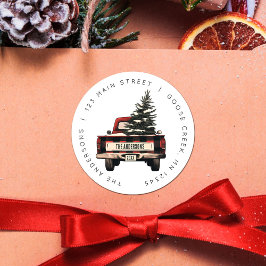 レトロレッドプレイドクリスマストラックカスタムの家族の名前 ラウンドシール