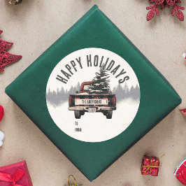 レトロレッドプレイドクリスマストラックカスタムの家族の名前 ラウンドシール