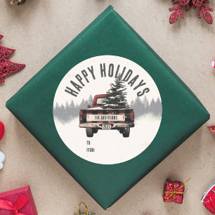 レトロレッドプレイドクリスマストラックカスタムの家族の名前 ラウンドシール