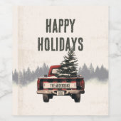 レトロレッドプレイドクリスマストラックカスタムの家族の名前 ワインラベル (シングルラベル)