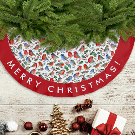 レトロレッドホワイトクリスマスロビン水の色のパターン ブラッシュドポリエステルツリースカート