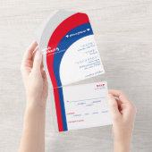 レトロレッドホワイト&ブルーカーブアーチストライプ結婚ズ オールインワン招待状 (貼ってはがせる)