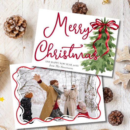 レトロレッドボウパインスクワイグルフレームフォトクリスマス シーズンカード