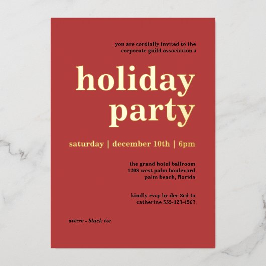 レトロレッドミニマル企業のリストホリデーパーティー 箔招待状 (正面)