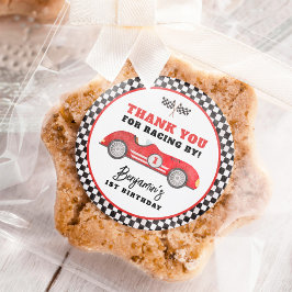 レトロレッドレースカーファーストワンボーイバースデーパーティー ラウンドシール