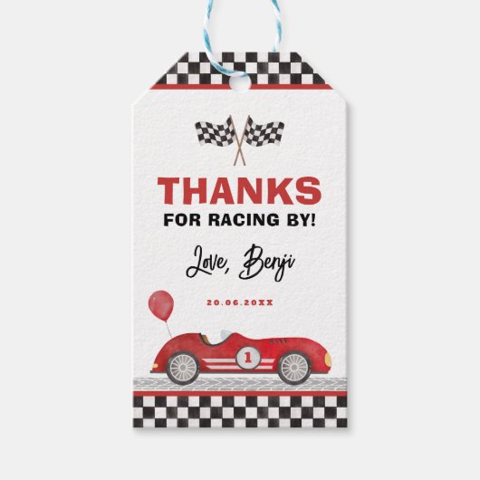 レトロレッドレースカーファーストワンボーイ誕生日の好意 ギフトタグ (正面)