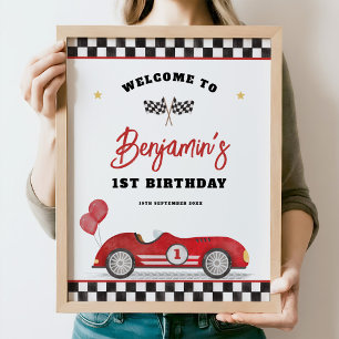 レトロレッドレースカーファーストワン誕生日歓迎 ポスター