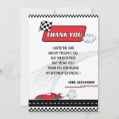 レトロレッドレースカーボーイ誕生日パーティー サンキューカード (正面)