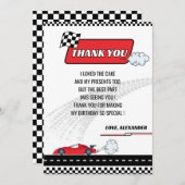 レトロレッドレースカーボーイ誕生日パーティー サンキューカード (正面/裏面)