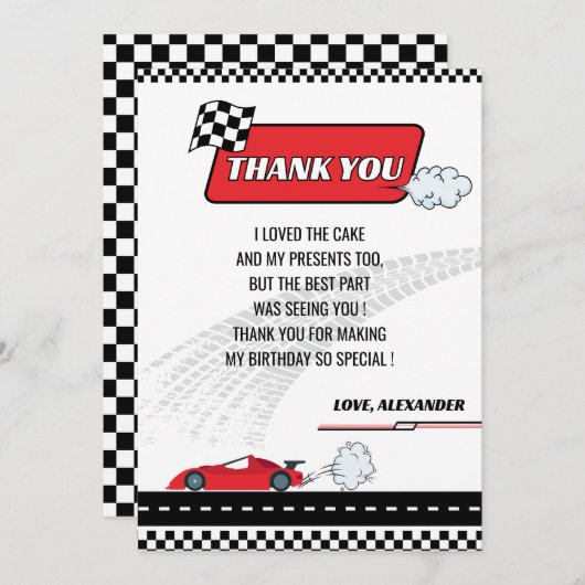 レトロレッドレースカーボーイ誕生日パーティー サンキューカード (正面/裏面)