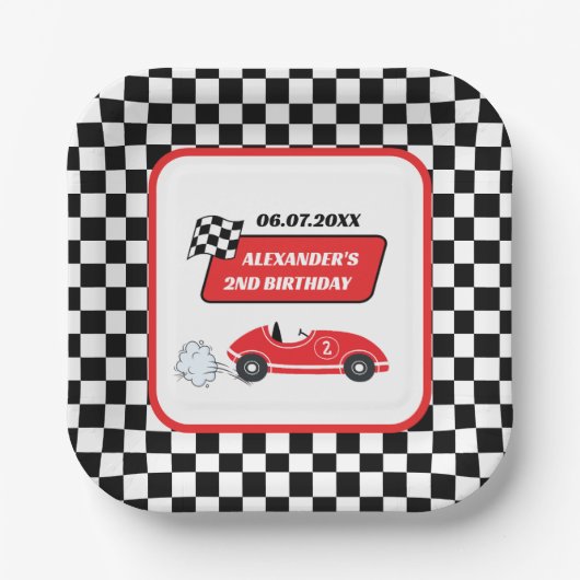レトロレッドレースカーレーシングボーイ2歳の誕生日 ペーパープレート (正面)