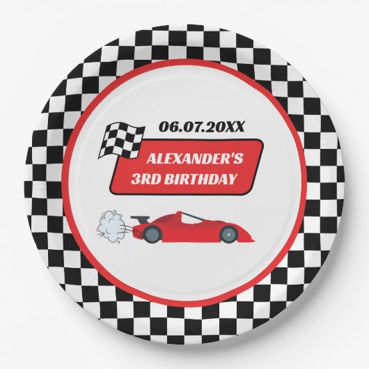 レトロレッドレースカーレーシングボーイ3歳の誕生日 ペーパープレート (正面)