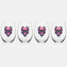 レトロレッドローズブラックハートスカル ステムなしワイングラス